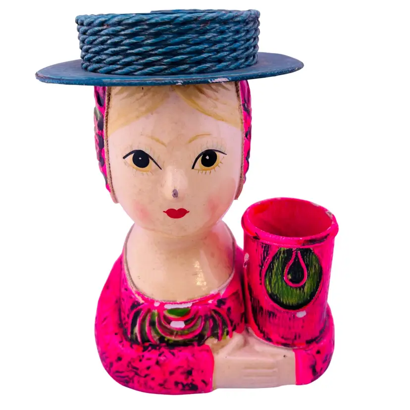 Amazing Vintage 1960s Collegiate Japan Paper Mache Mod Girl Makeup Holder Desk Caddy 6.5”