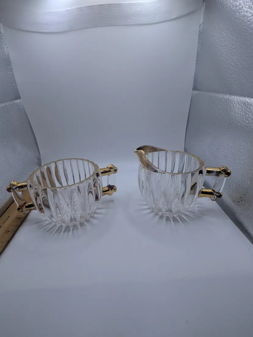 Vintage Crystal Creamer and Sugar Bowl Set with Gold Accents