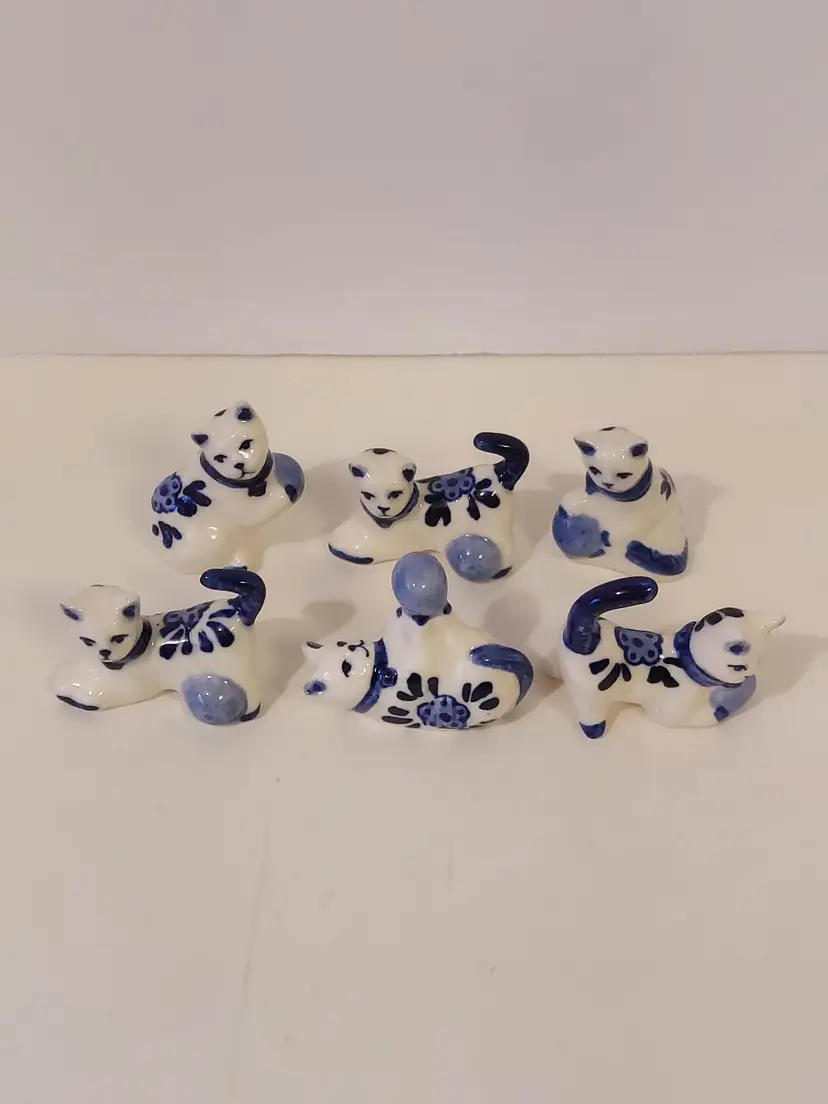 Set Of Six Blue & White Miniature Cat Kitten Figurines