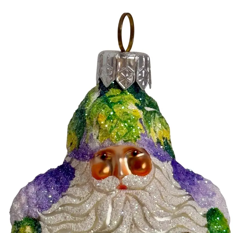 Patricia Breen Santa Ornament Chateau Bacchus Blown Glass Hand Painted  Purple•White•Green•Grape Vine & Bottle of Wine 
5-3/4” T (Top of Eyelet) x 2-1/4” W