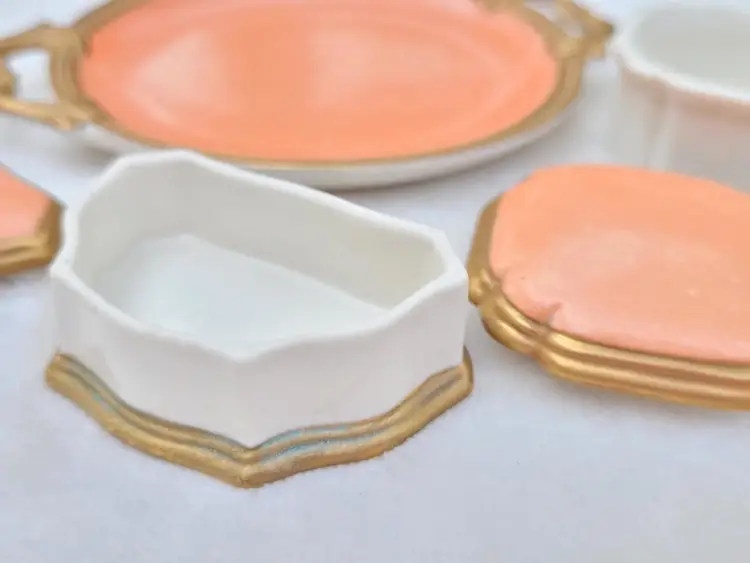 Vtg Porcellane D’Arte Agostinelli Italy Pink Gold Vanity Tray Trinket Dishes Set