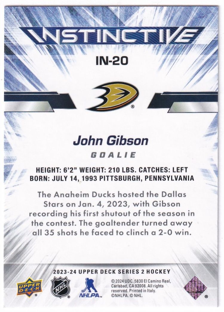 2023-24 Upper Deck Instinctive #IN20 John Gibson Anaheim Ducks Hockey Card