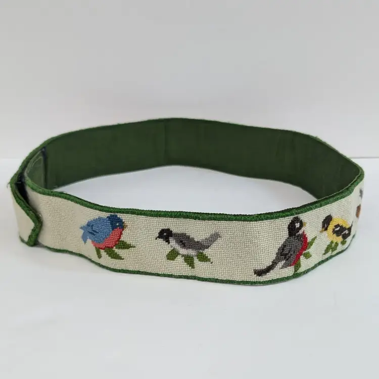 Vintage Needlepoint Song Bird Cloth Belt Velcro Snap Birding Cottagecore 32"