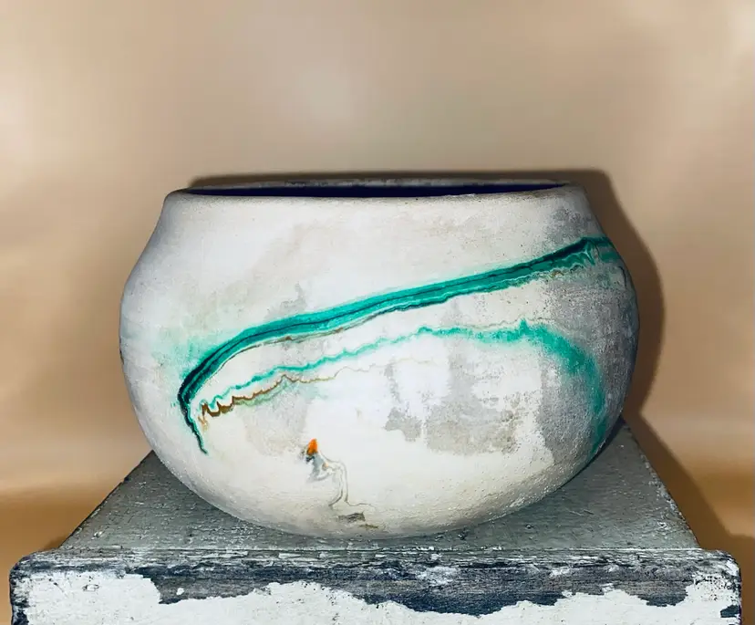 Nemadji Pottery With Green Swirl and Vintage