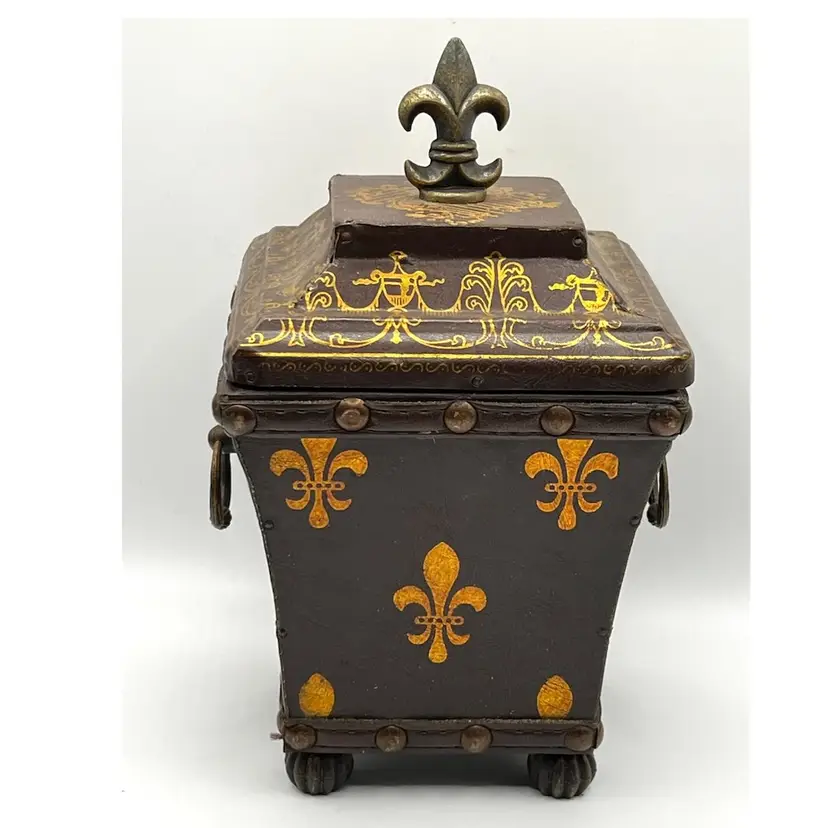 Decorative Decoupage Footed Storage Bow with Lid Brown Gold Fleur De Lis Lily Flower Symbol 8 in Height