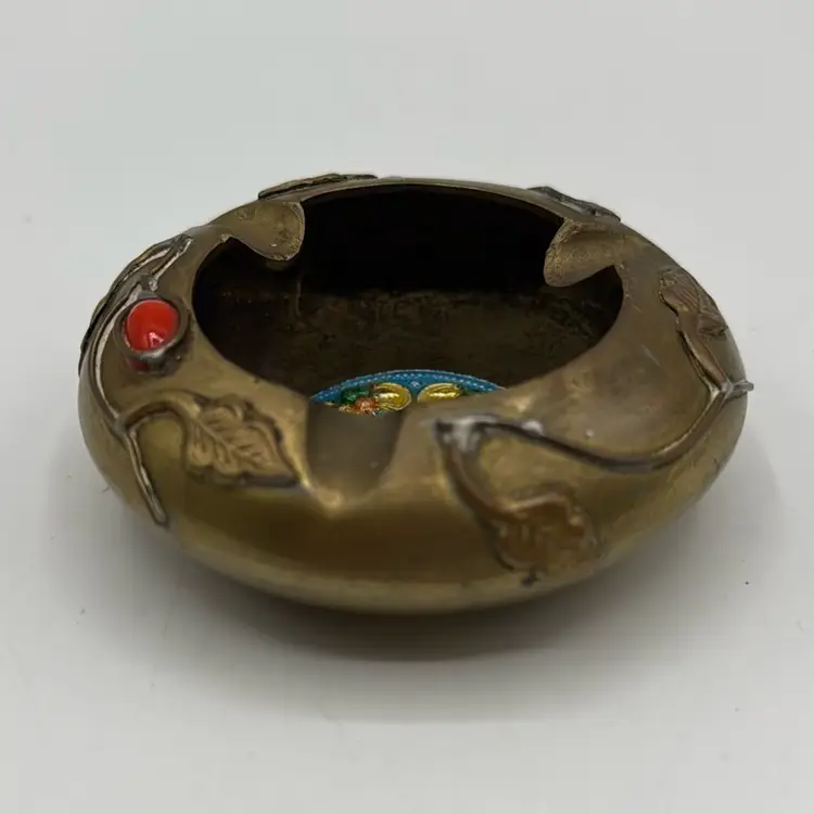Brass Ashtray Art Deco Design Red Cabochon Made In China