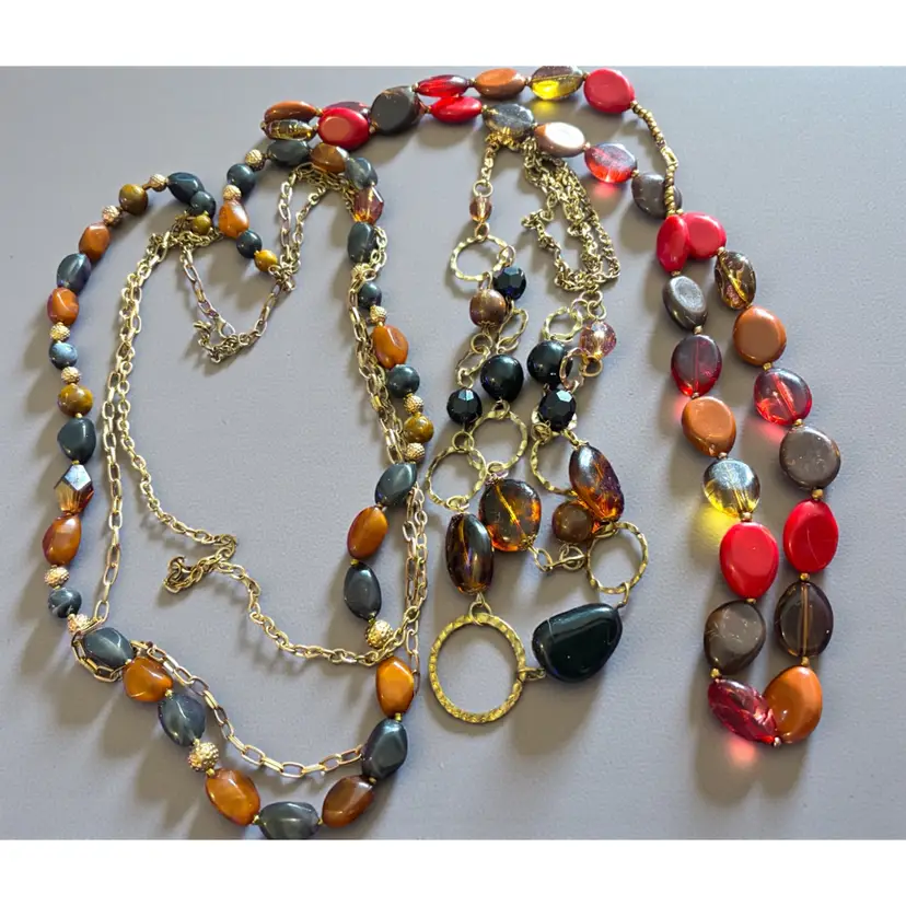 Lot Of 3 Long Faux Glass & Faux Stone Bead Necklaces - 1 Triple Tier - 1 Double Tier - 1 Single Strand