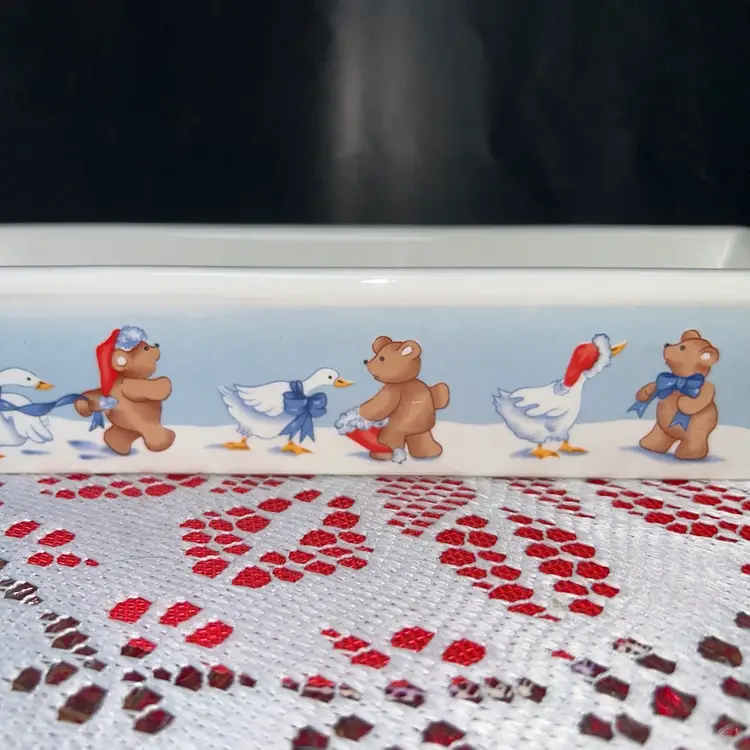 Vintage Trough-type Candle Holder Or Dish Goose W/ Blue Bow And Bear