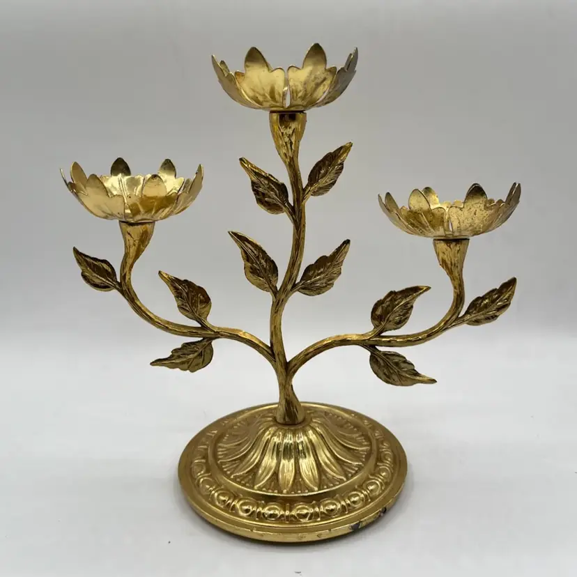 Vintage Gold 3 Tier Candle Stick Holder Candelabra Hollywood Regency Floral