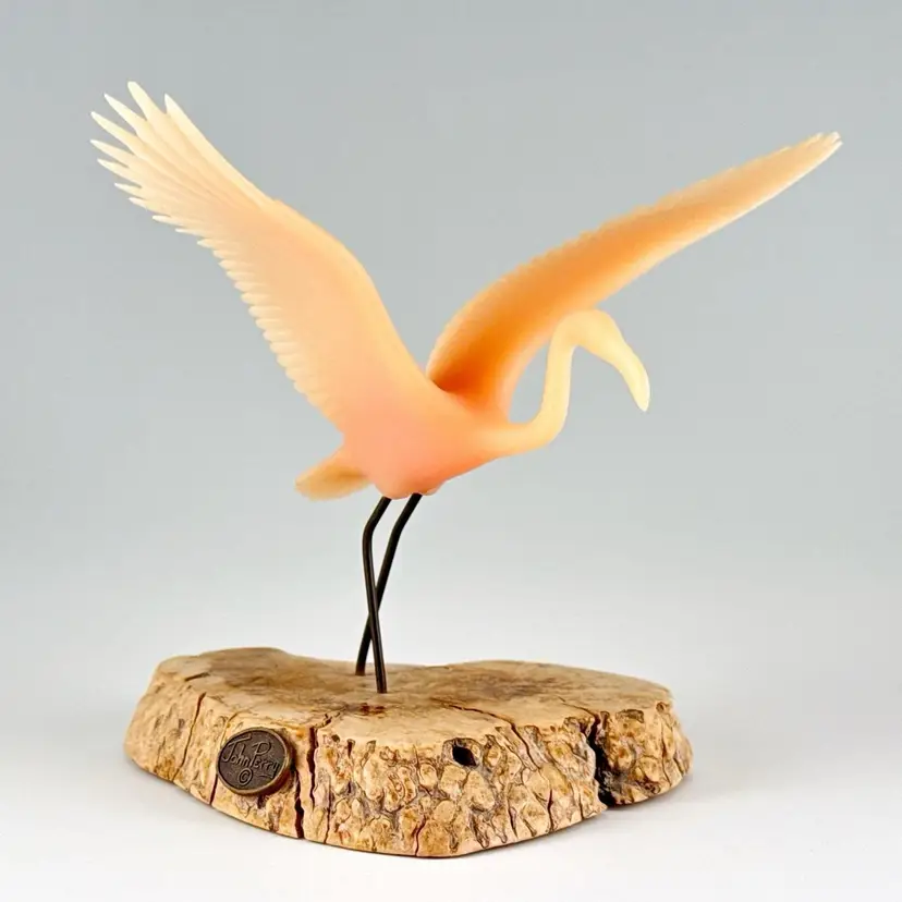 John Perry Pink Flamingo Burl Wood Sculpture, Resin Bird Figurine, Vintage Made in California USA