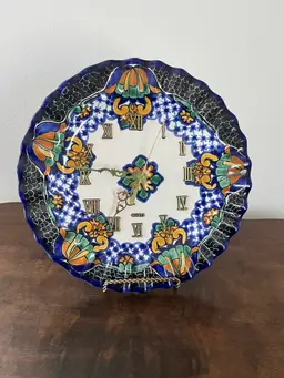 Signed Talavera Mexico Colorful Clock Roman Numerals 10.5” Working