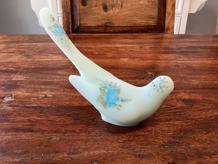 2643-Vintage Fenton Handpained And Signed Bird, Blue Satin-Read, 6.75 X 5”