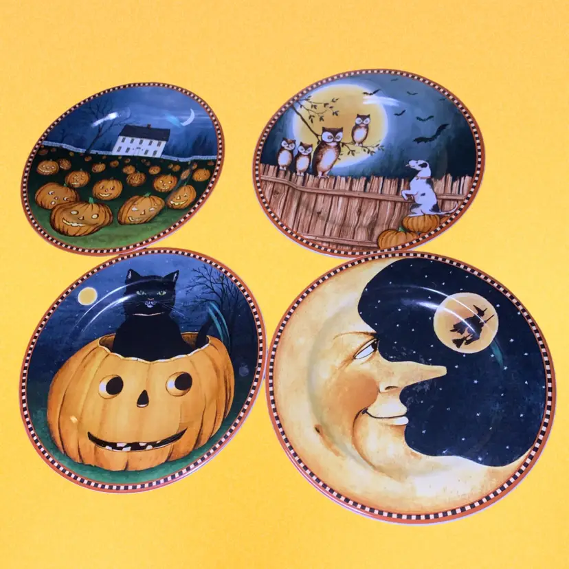 16. David Carter Brown Pumpkin Hollow Halloween Dessert Salad 8" Plates Cats Witches