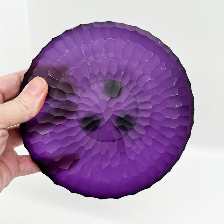 Carved Purple Glass Paperweight Modern MCM Display Trinket Dish Prop Frosted