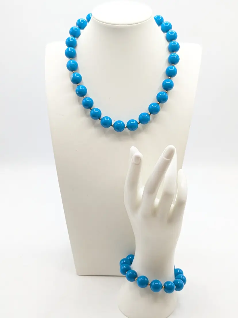 Vintage Direction One Bright Blue Beaded Necklace and Bracelet Set