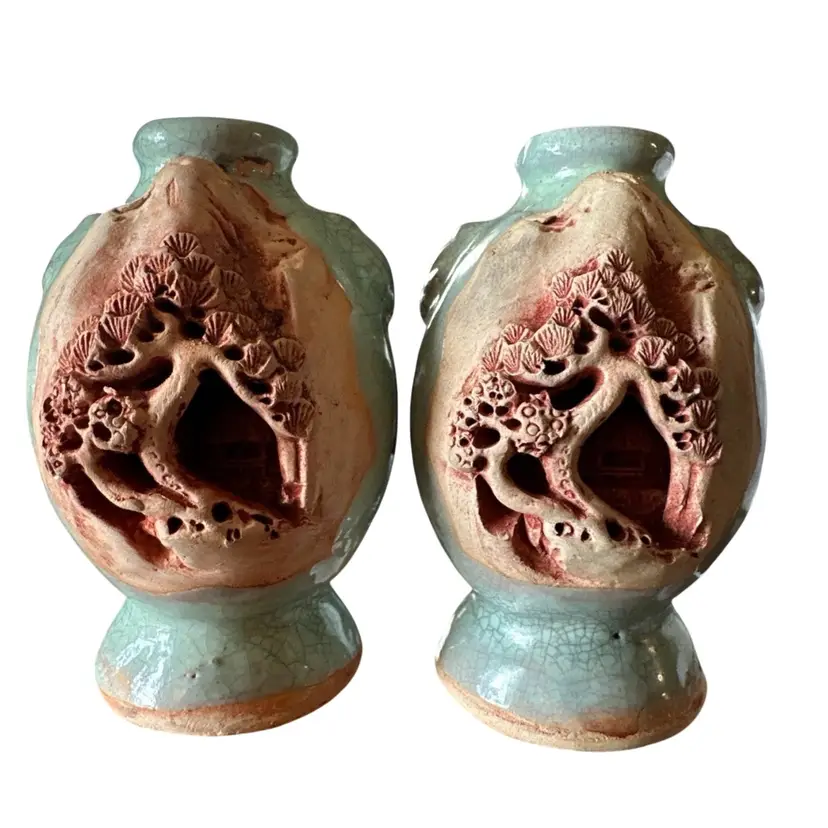 (2)Vintage Japanese Banko Ware 3D Carved Celadon Red Ware Vases Marked  Cherry Blossom With House Behind Tree 4”