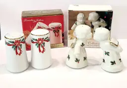 Christmas Salt Pepper Sets Poinsettia and Ribbons & Angels Kissing Porcelain Vtg