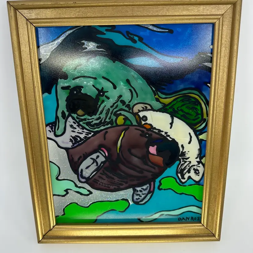 Vintage Art Glass Reverse Painting Aquatic Scene Framed Signed DANROSS