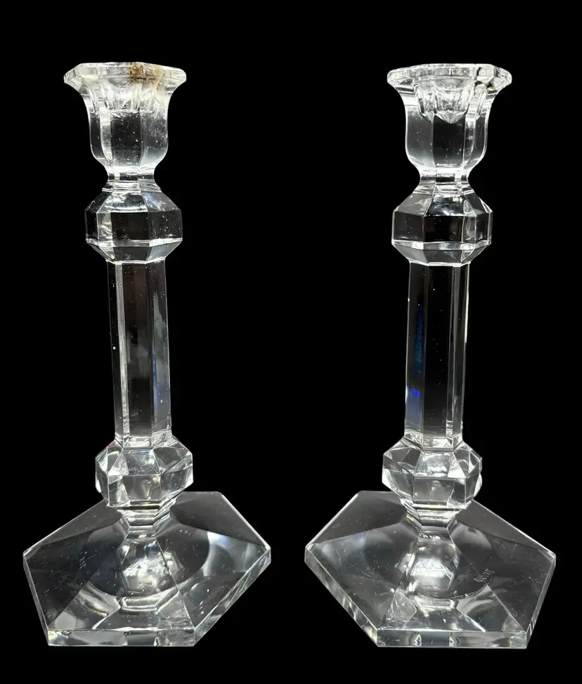 Signed Vintage Val St Lambert Gardenia Candlesticks Crystal Retired 9.5” READ