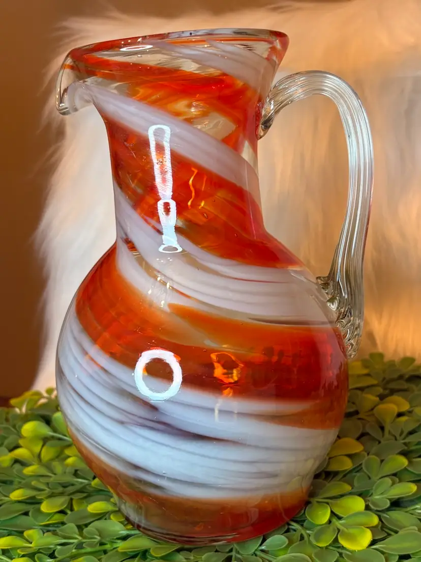 Vintage Soviet Glass Pitcher Orange & White