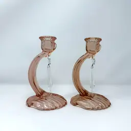 Pink Glass Candle Holders – Cambridge Caprice Shell with Crystal Prisms (#70), 1930s  (0019-25)