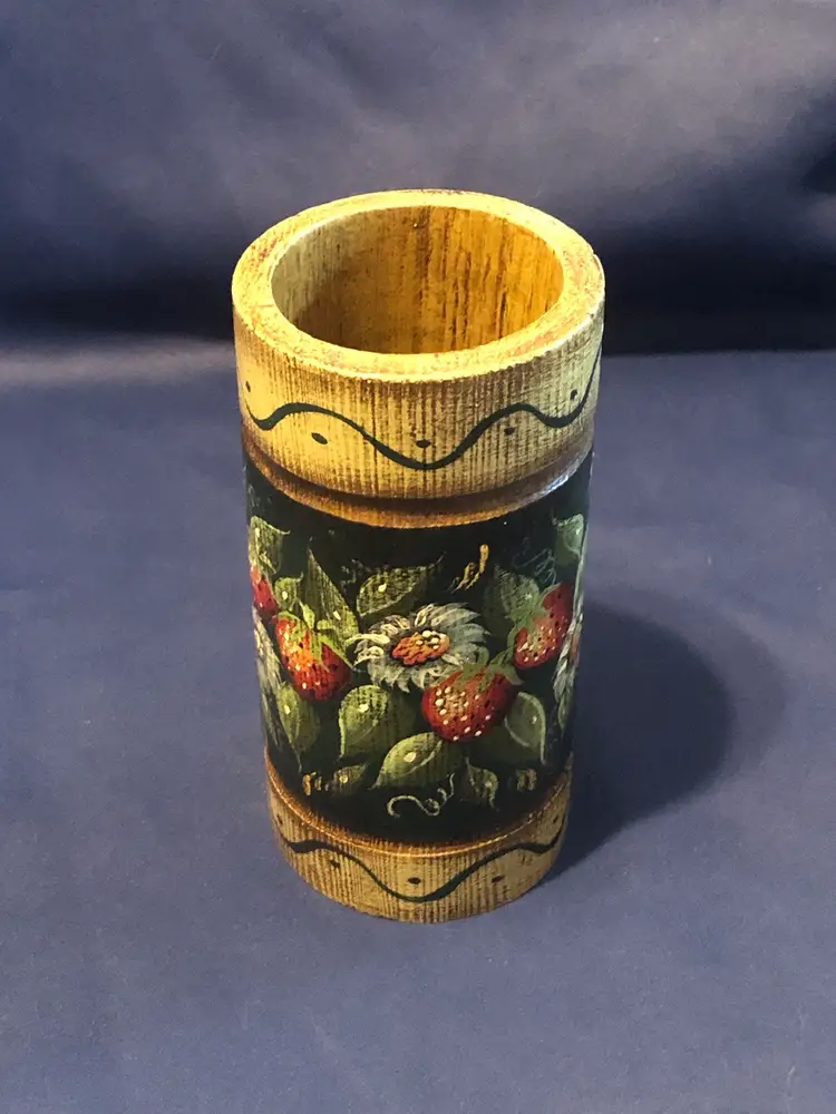 Hand Painted Strawberries and White Daisy Florals on Turned Wood Vase Tumbler Signed