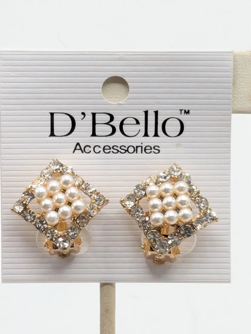 D'Bello Gold Tone Faux Pearl and Rhinestone Clip-On Earrings NWT