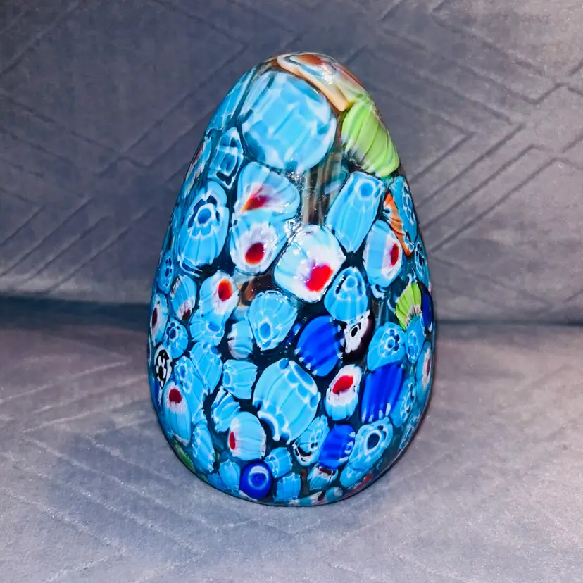 Mosaic Art Glass Hand Blown Egg 6”  Paper Weight Blue/Multicolor