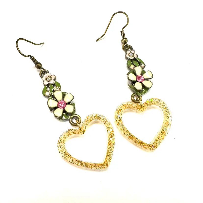 Floral Metal Resin Heart Gold Brass Tone Handmade Dangle Earrings 2.5” L Made By Me