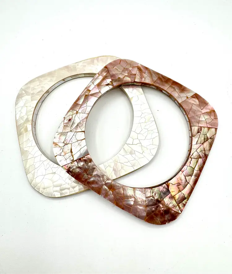 Pair Of Mother Of Pearl Mosaic Flat Square Bangle Bracelets Pink / Blush
