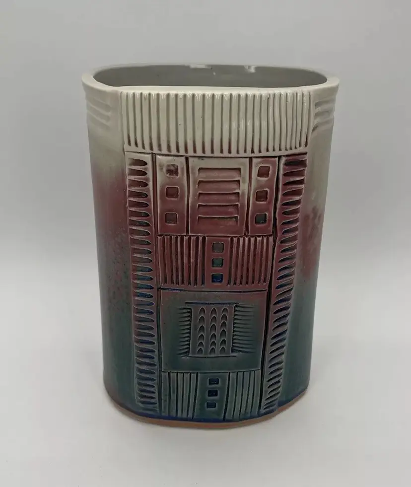Barbara Haring Studio Art Pottery Vase SIGNED - Pink Blue Gray Geometric 80s 90s