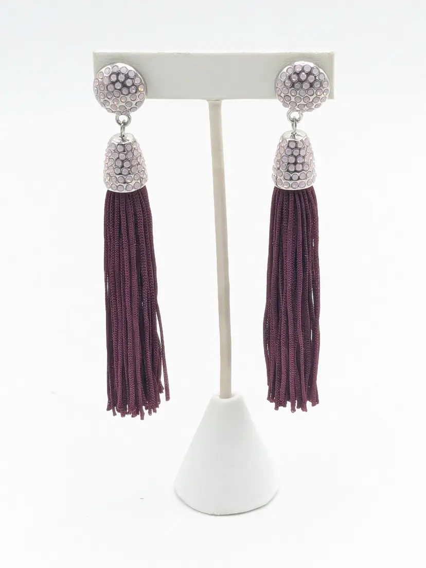Burgundy Tassel and Pink Rhinestone Earrings Silver Tone