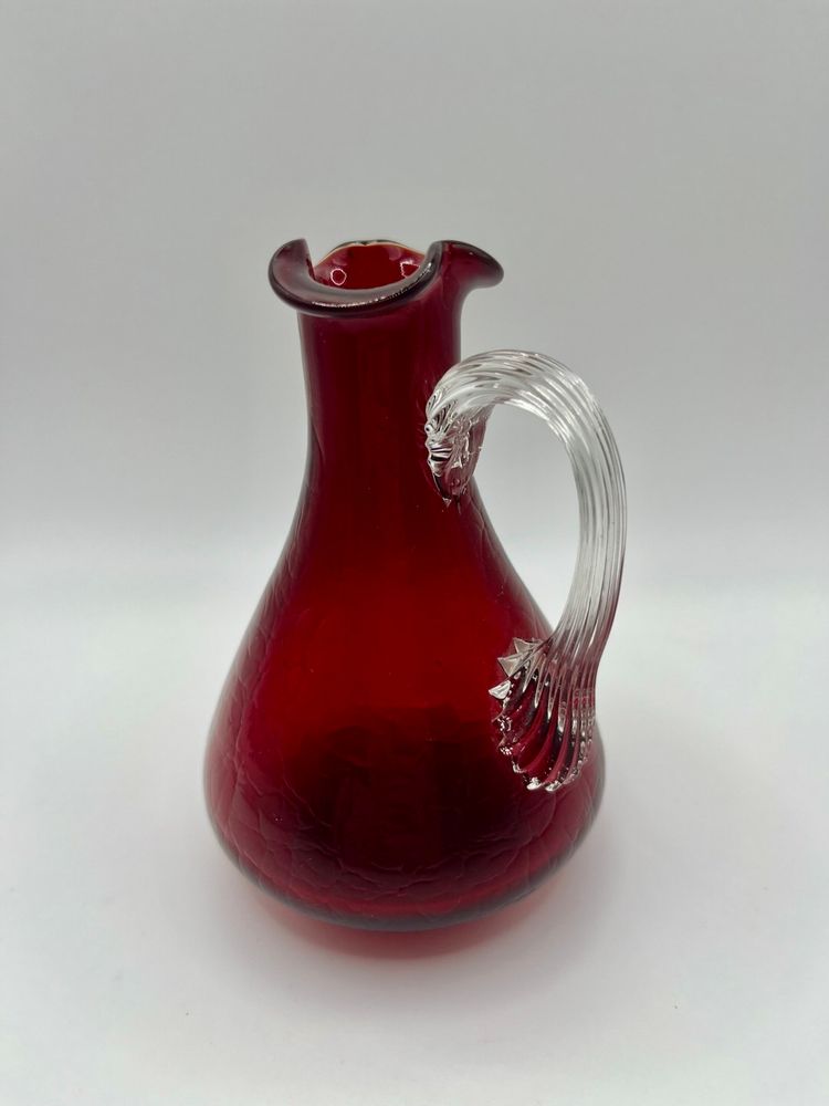 Vintage Red Crackle Pilgrim Glass Blown w/ Clear Handle Pitcher