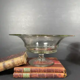 Vintage Glass Pedestal Bowl with Hand Wheel Engraved Floral Designs. Console, Centerpiece. 10.5 inch diameter.