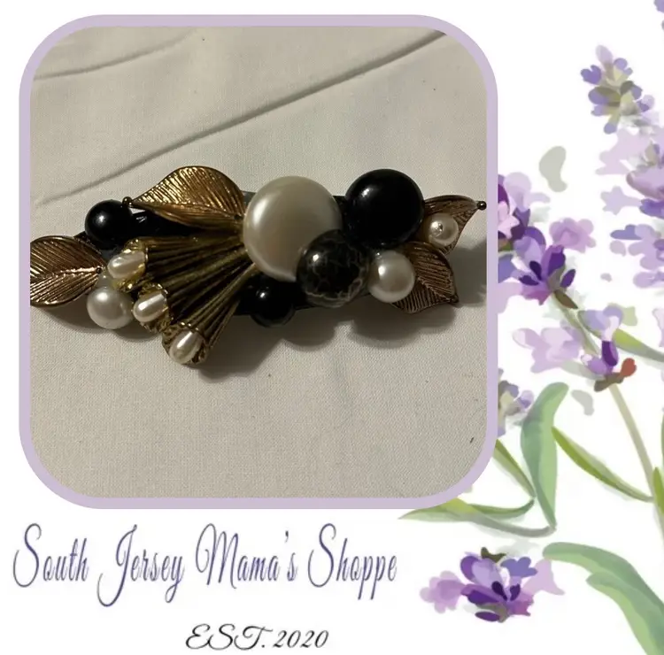 Vintage Handmade Gold Tone Metal Leaves Faux Pearl And Vintage Button Floral Hair Barrette