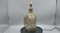 Vintage 50s Chinese Dragons Flaming Pearls Caged Pinched Glass Liter Decanter Silver on Copper Overlay Bottle Stopper 11"