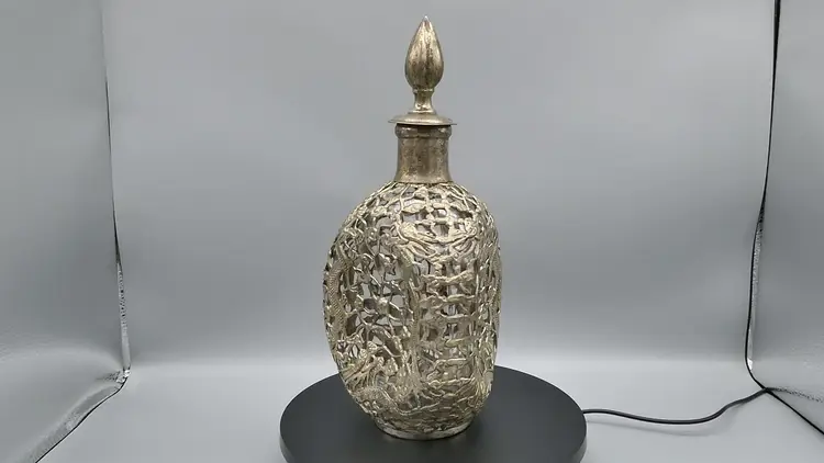 Vintage 50s Chinese Dragons Flaming Pearls Caged Pinched Glass Liter Decanter Silver on Copper Overlay Bottle Stopper 11"