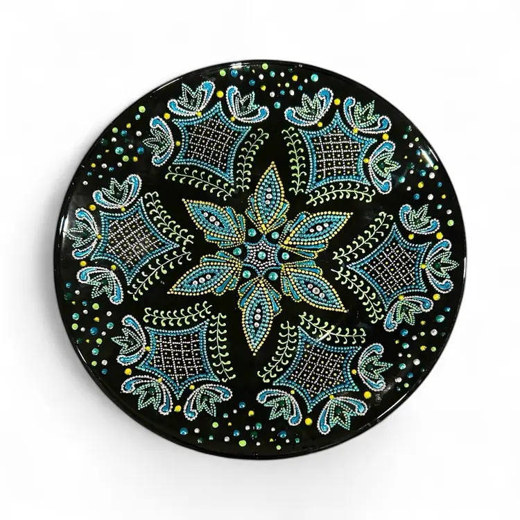 Signed Inna K. Mandala Hand Painted And Bejeweled Black Decorative Plate