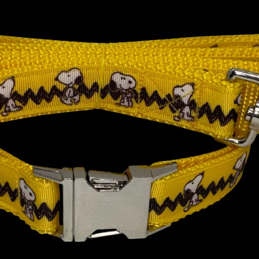 Dog Collar & Leash Yellow Snoopy Peanuts Gang Print  Large Handmade Heavy Duty NEW