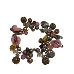 Vintage Cha-cha Bracelet - Iridescent Clam Shell Charms, Pink Rhinestones, Glass Pink Conch Shell Beads - 8”