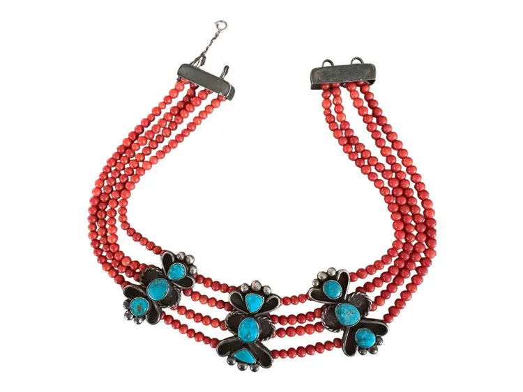 Sterling Silver turquoise & Coral Beaded Strand 15” Necklace 116g