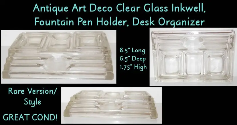Antique RARE VERSION Art Deco Clear Glass Desk Inkwell, Fountain Pen Holder, Organizer