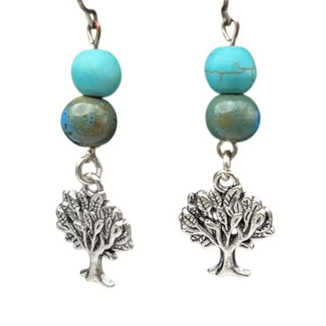 Turquoise Teal Beaded Tree Earrings