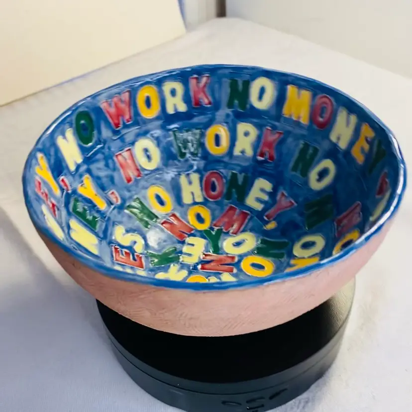 #2208 Hand Made Signed Multicolour Pottery Bowl With Motto Motifs