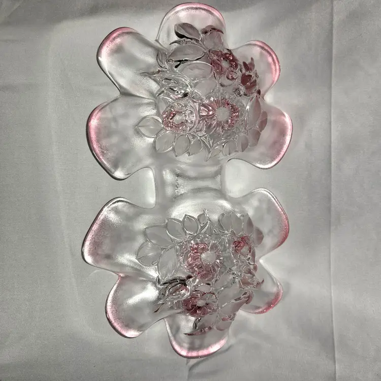 Mikasa Dbl. Relish Dish Walther Glass Pink Embossed Flowers Footed