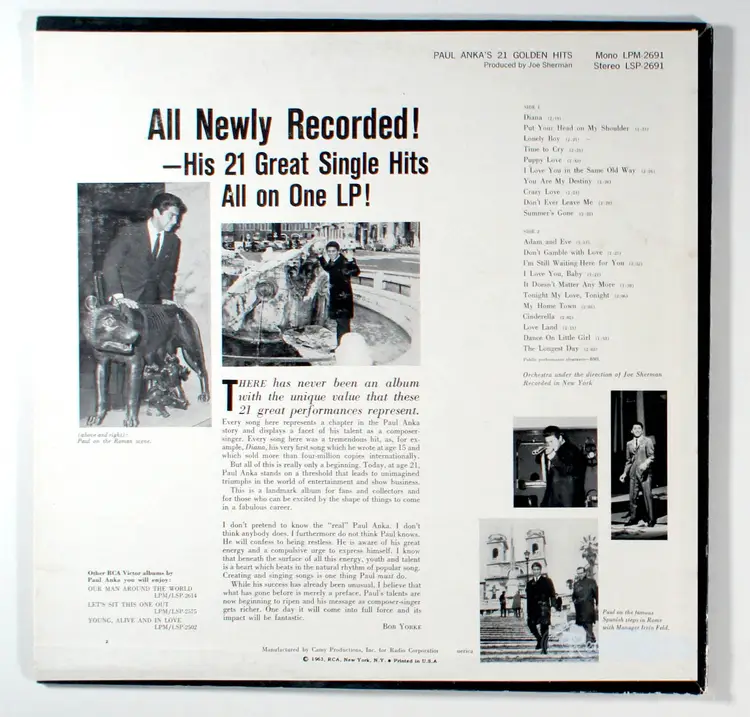 Paul Anka - 21 Golden Hits (1963) Vinyl LP • Greatest, Best of, Puppy Love