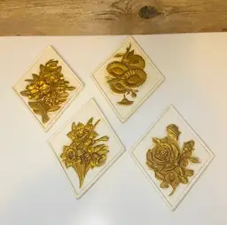 Vintage Ardco Ceramic Diamond Shaped Wall Plaques with Gold Floral Designs Mid Century Hollywood Regency Boho Cottage