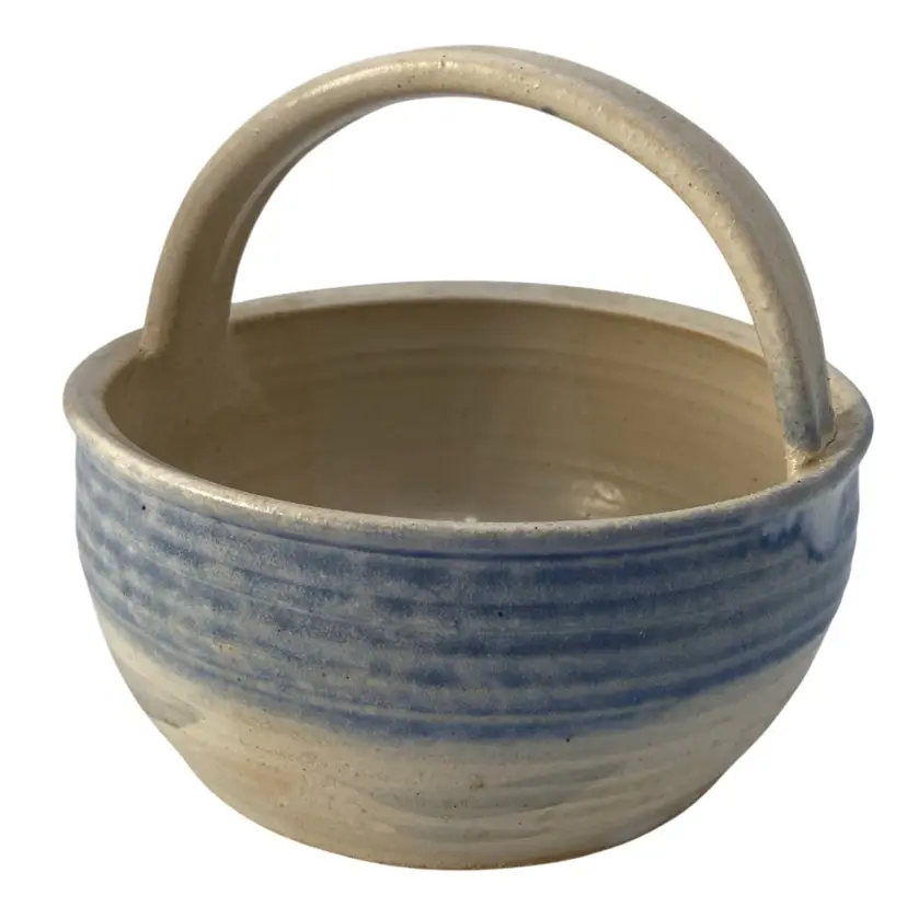 Hand-Thrown Studio Pottery Basket, Stone w/large Blue Band & leaves, Signed