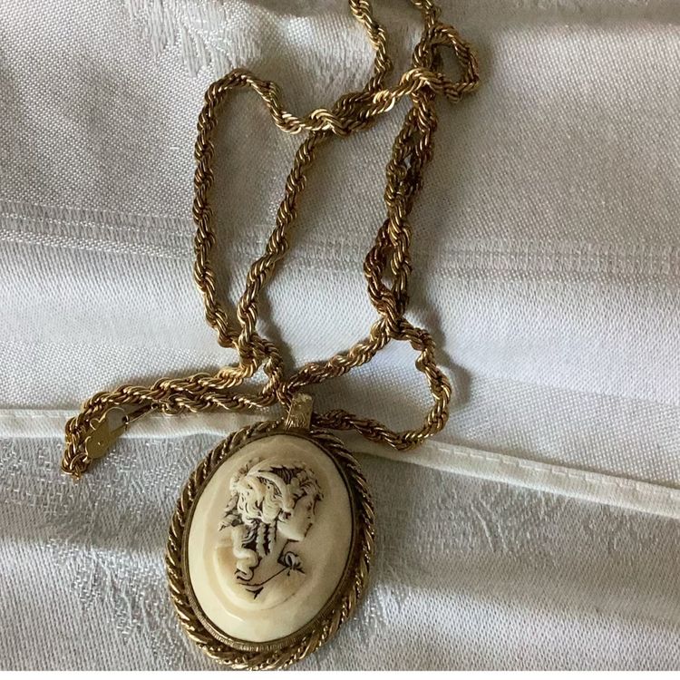 Sarah Coventry Cameo Pendant Necklace Cold Tone 24” Rope Like Chain