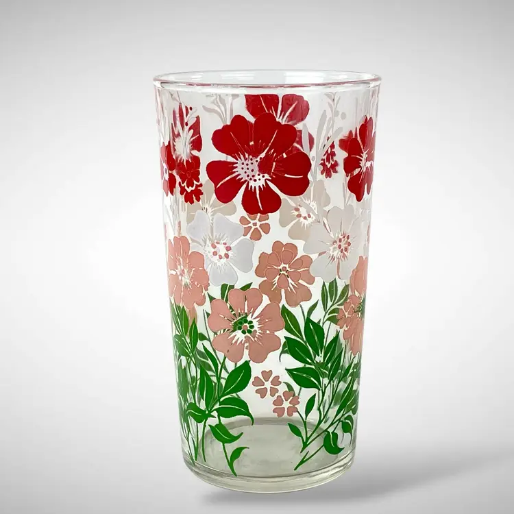 Vintage Floral Drinking Glasses Set of 4 Red Pink Green Flower Tumblers